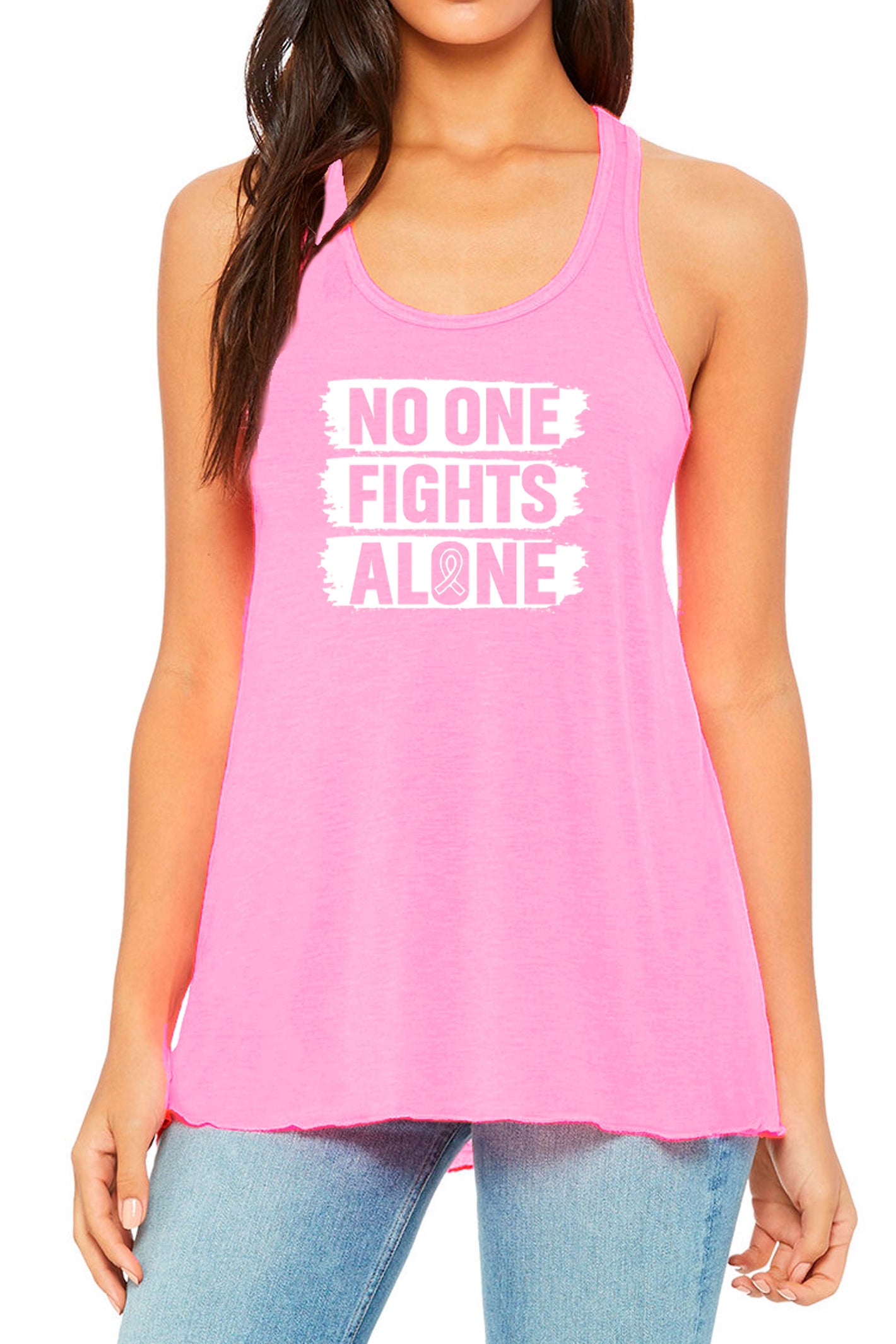 3116 - "No One Fights Alone" Pink Ribbon Gathered Back Tank - Pink