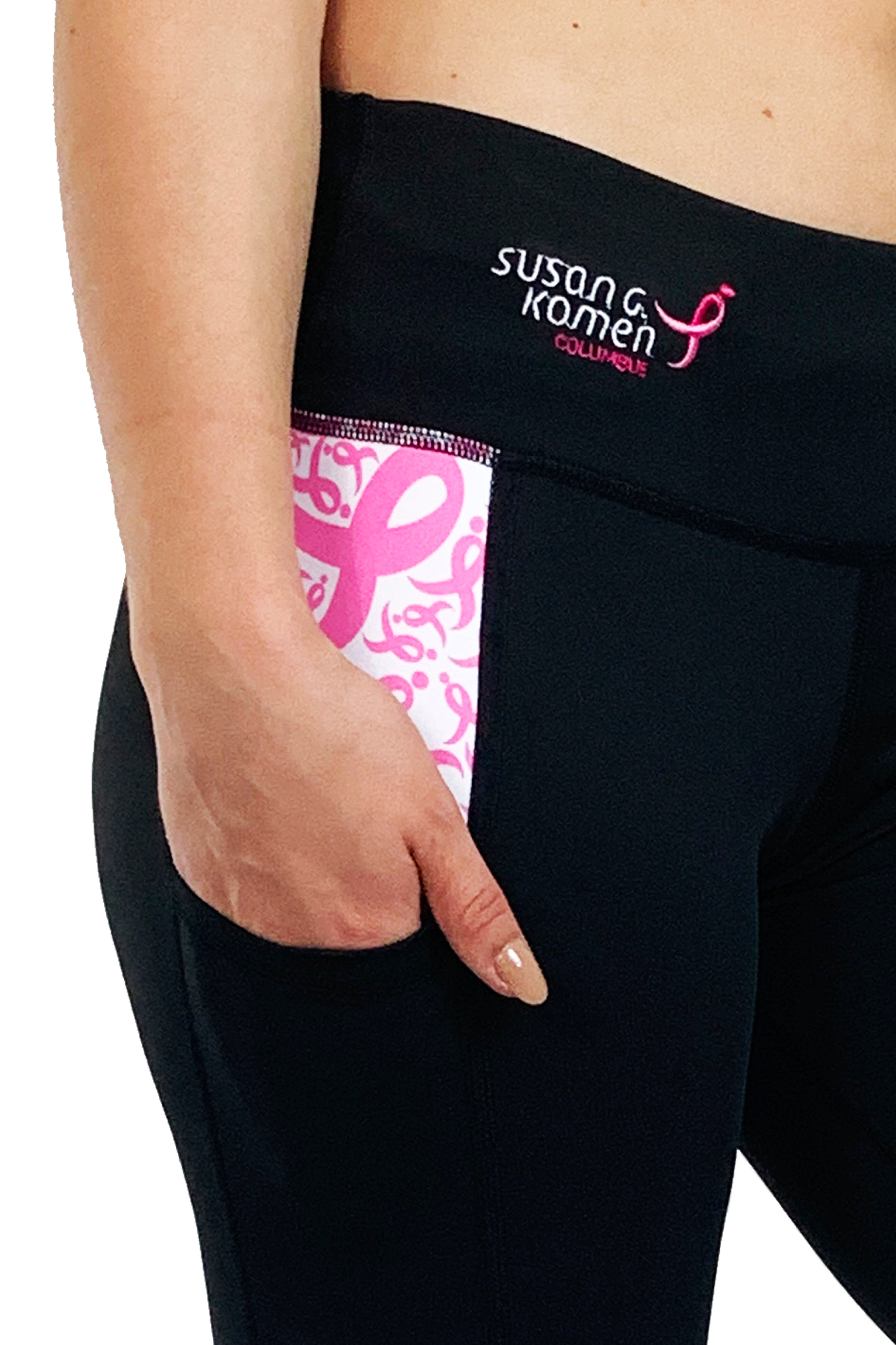 Komen Columbus Pink Ribbon Side Panel Cell Phone Pocket 3/4 Length/ Black