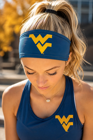 913 - West Virginia University Reversible Headband Navy w/Gold