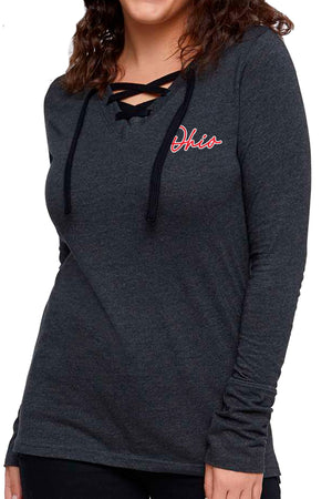 3404 - Cursive Ohio Sparkle Women's Lace-Up Long sleeve Tee / Heather Black - FINAL SALE