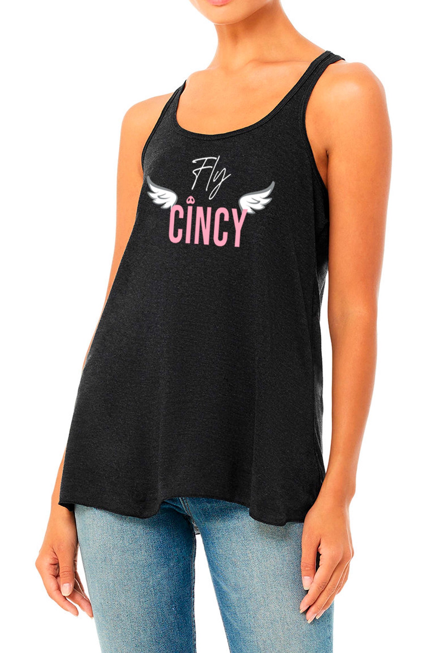 "When Pigs Fly" Fly Cincy Gathered Back Tank - Heather Black