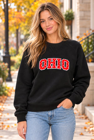 Ohio Love Patchwork Ladies Raglan Midweight Crew Neck - Black
