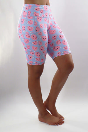 7203 - "When Pigs Fly" Biker Short - Blue & Pink Print