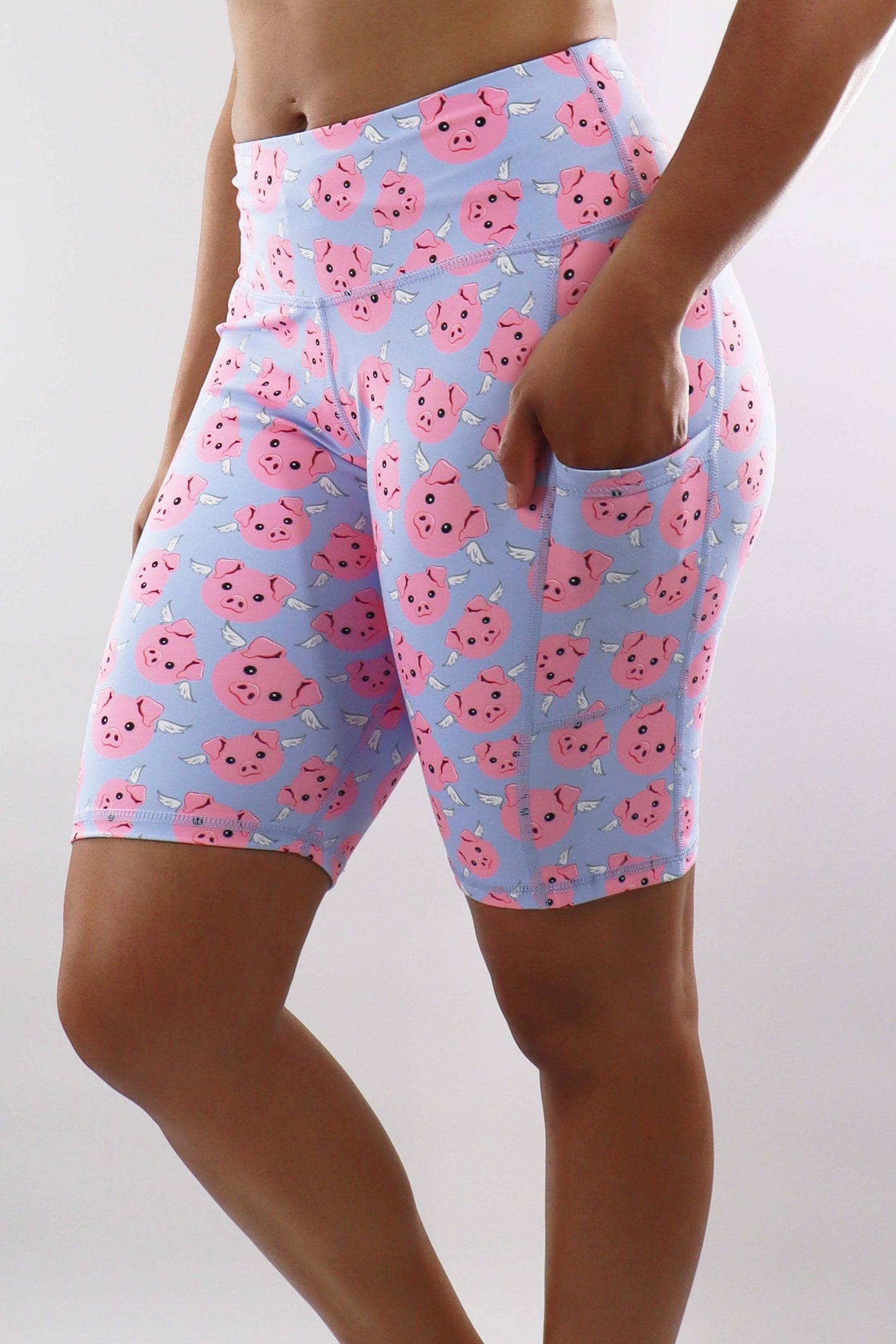 7203 - "When Pigs Fly" Biker Short - Blue & Pink Print