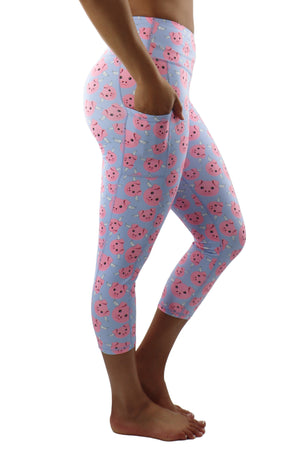 "When Pigs Fly" Perfect Pocket Capri - Blue & Pink Print