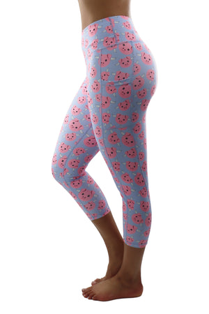 "When Pigs Fly" Perfect Pocket Capri - Blue & Pink Print