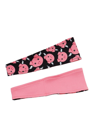 3113 - "When Pigs Fly" Reversible Headband - Black & Pink Print