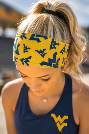913 - West Virginia University Reversible Headband Navy w/Gold
