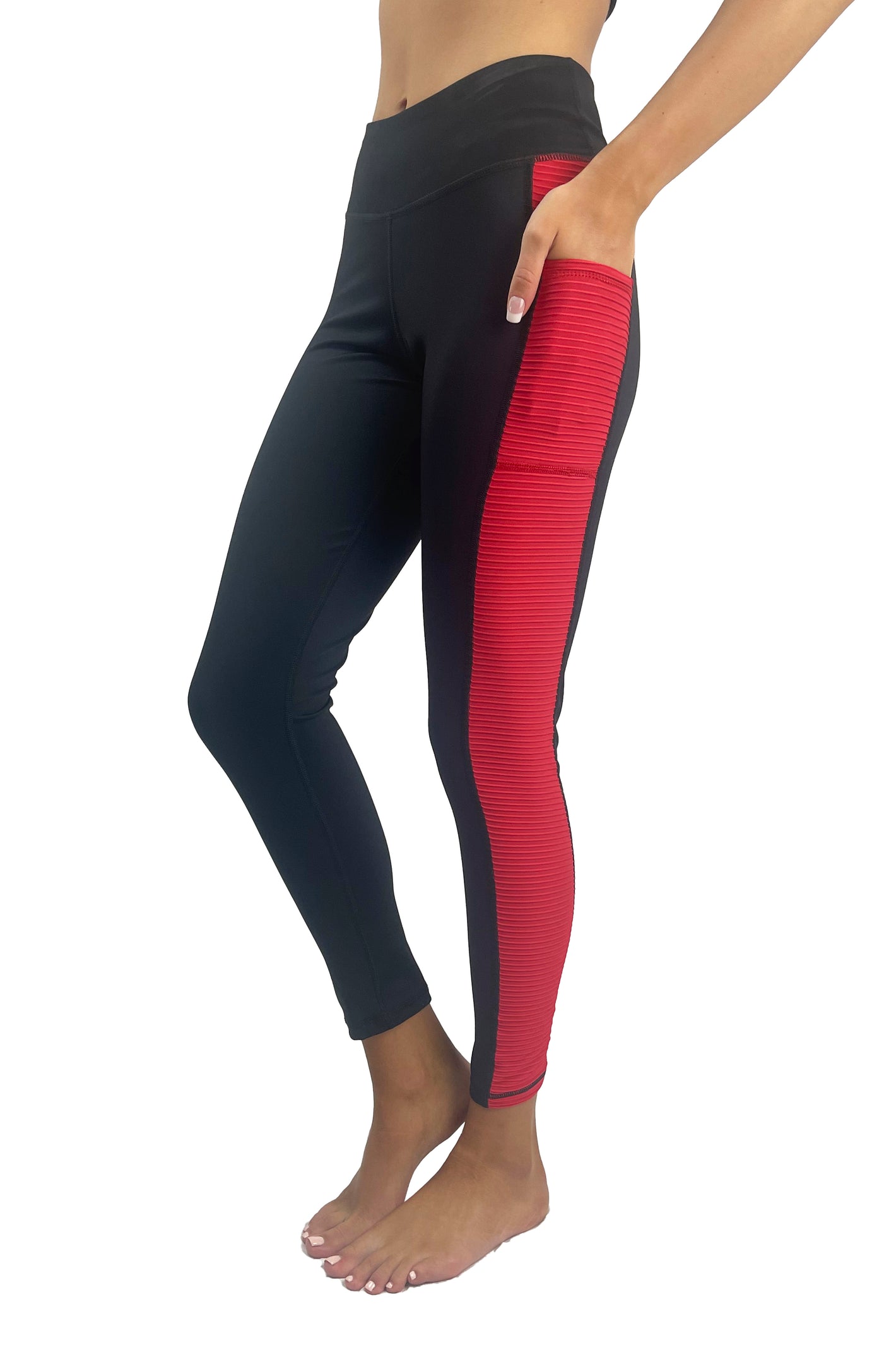 3204 -Ribbed Panel Pocket Legging/ Black & Red