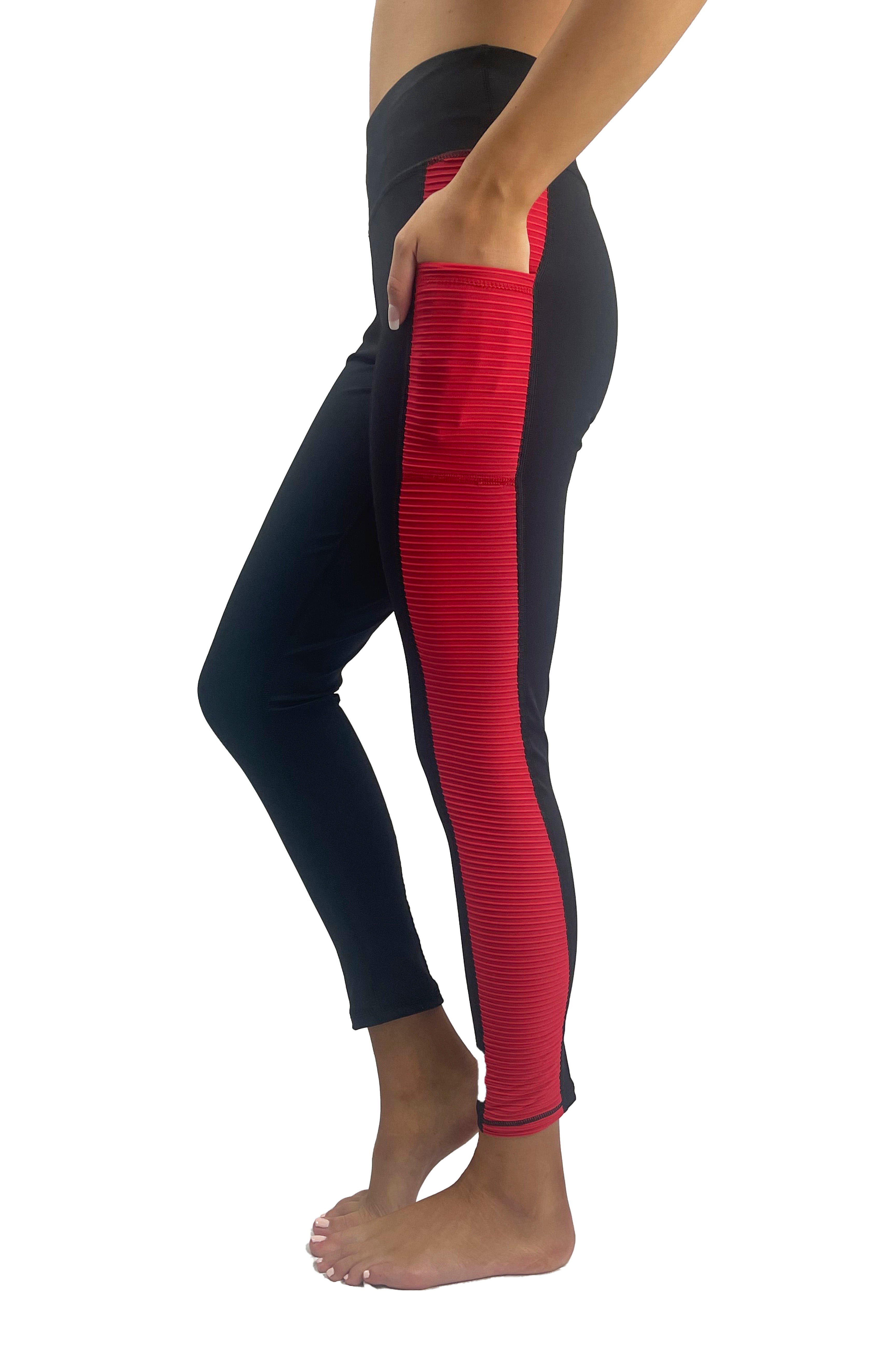 3204 -Ribbed Panel Pocket Legging/ Black & Red