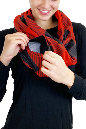 5303 -Infinity Pocket Scarf/ Red Black Plaid- FINAL SALE
