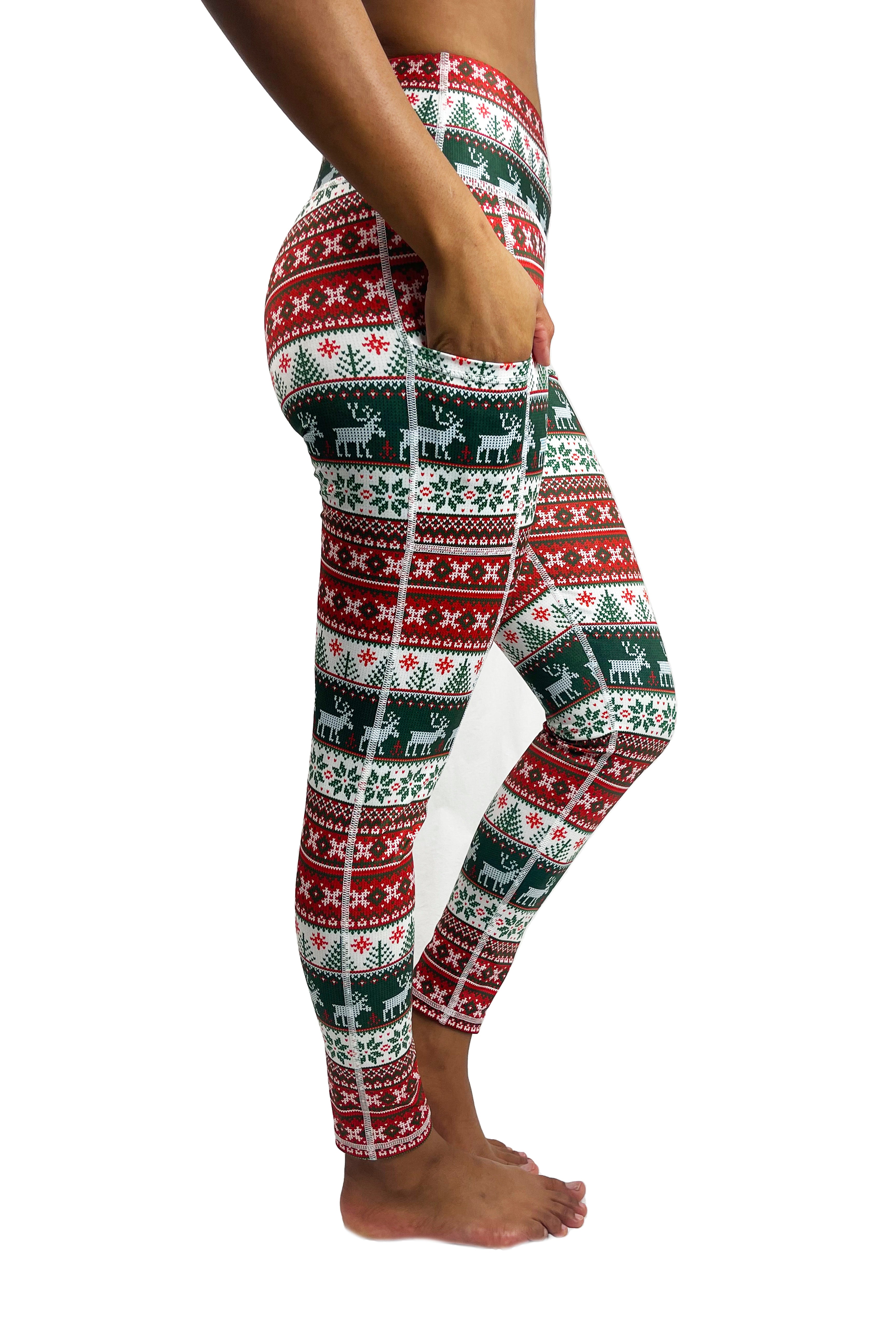 5301B -Holiday Sweater Pattern Cell Phone Pocket Legging / Green