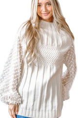 5203- Textured Balloon Sleeve Mock Neck Sweater Top/Cream - FINAL SALE