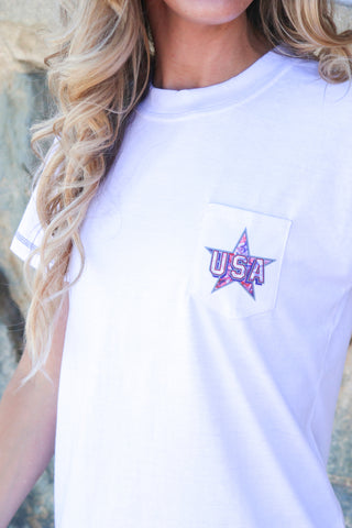 5102 -USA Women short sleeve Pocket Tee/ White - FINAL SALE