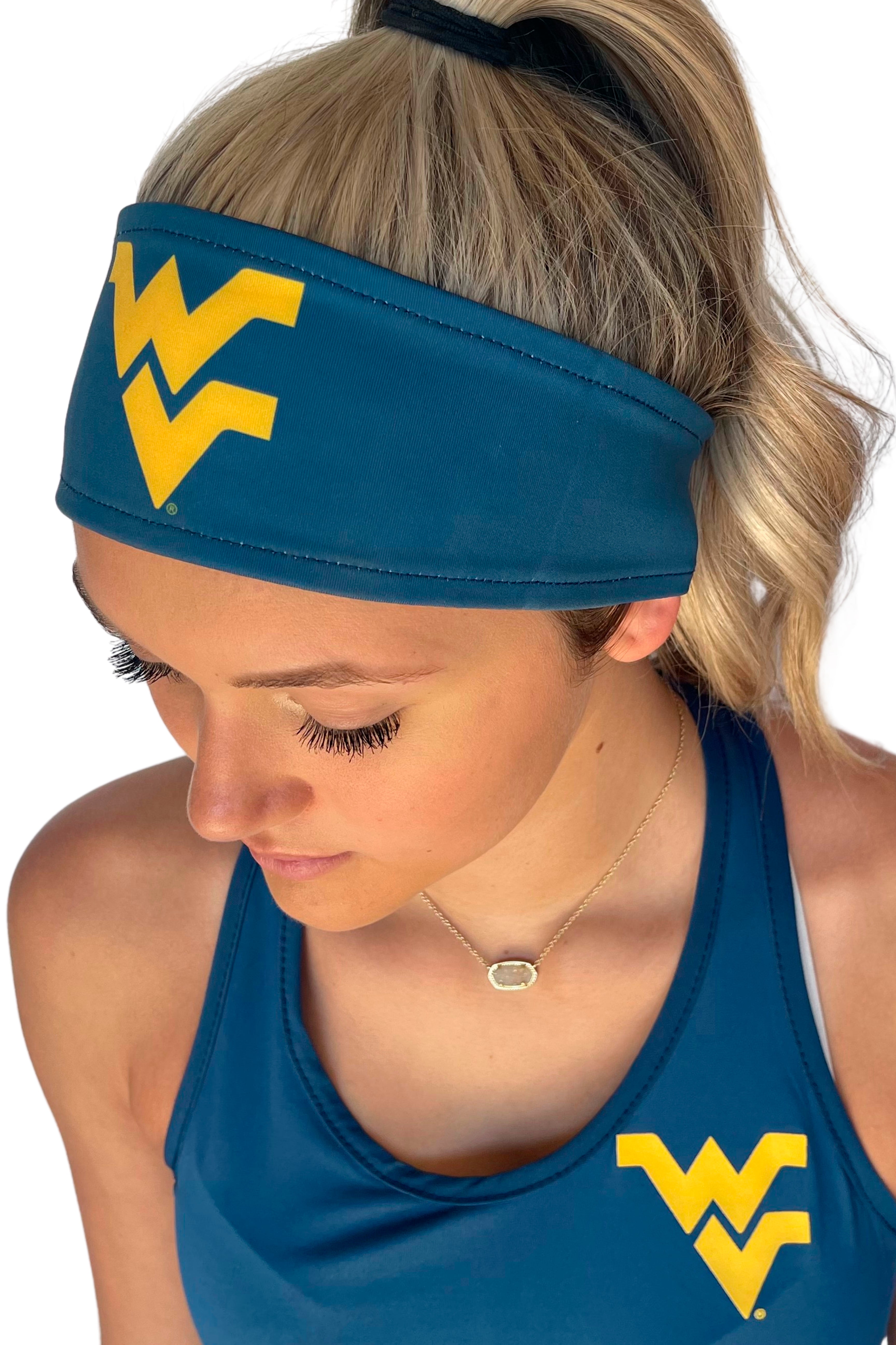 913 - West Virginia University Reversible Headband Navy w/Gold
