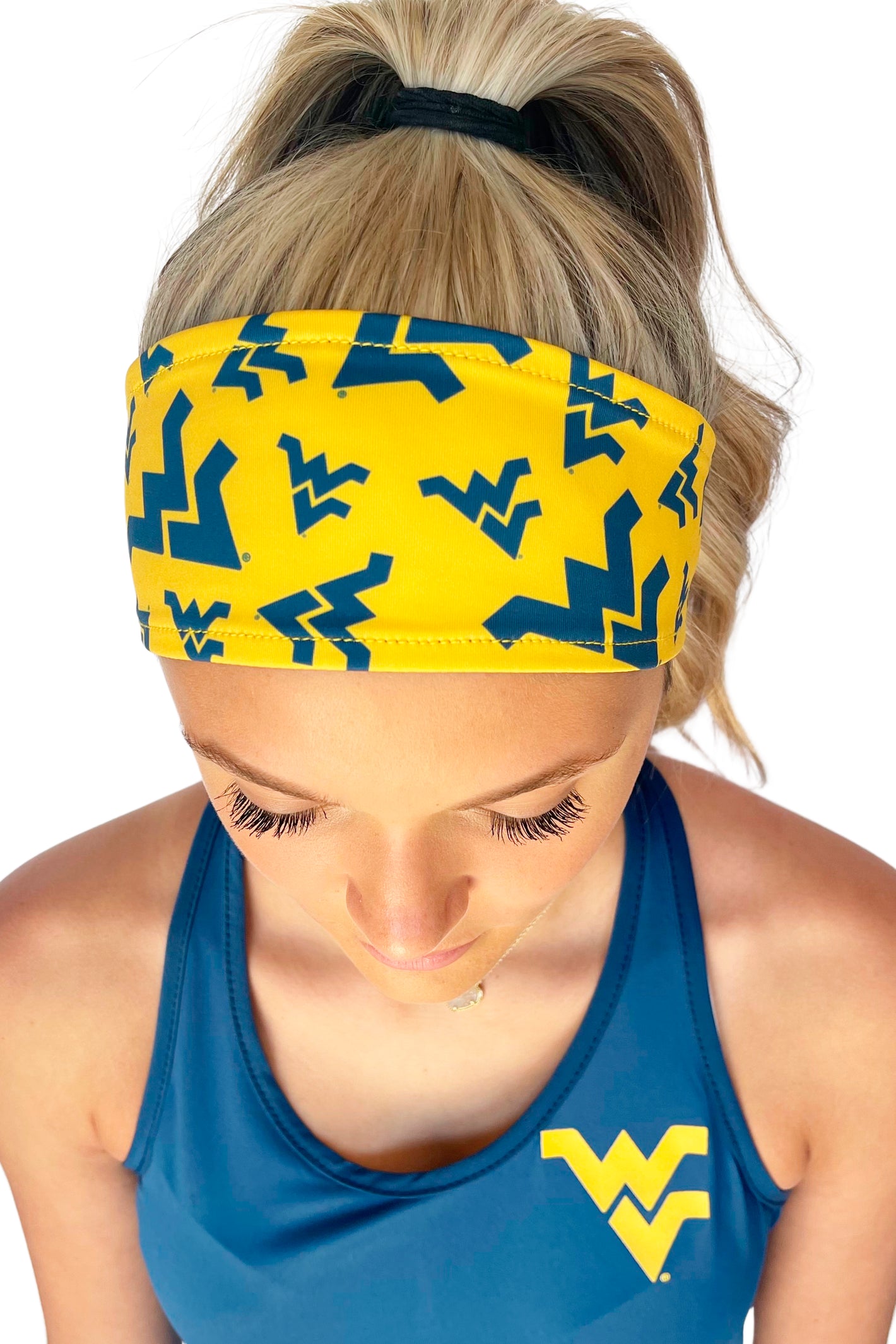913 - West Virginia University Reversible Headband Navy w/Gold