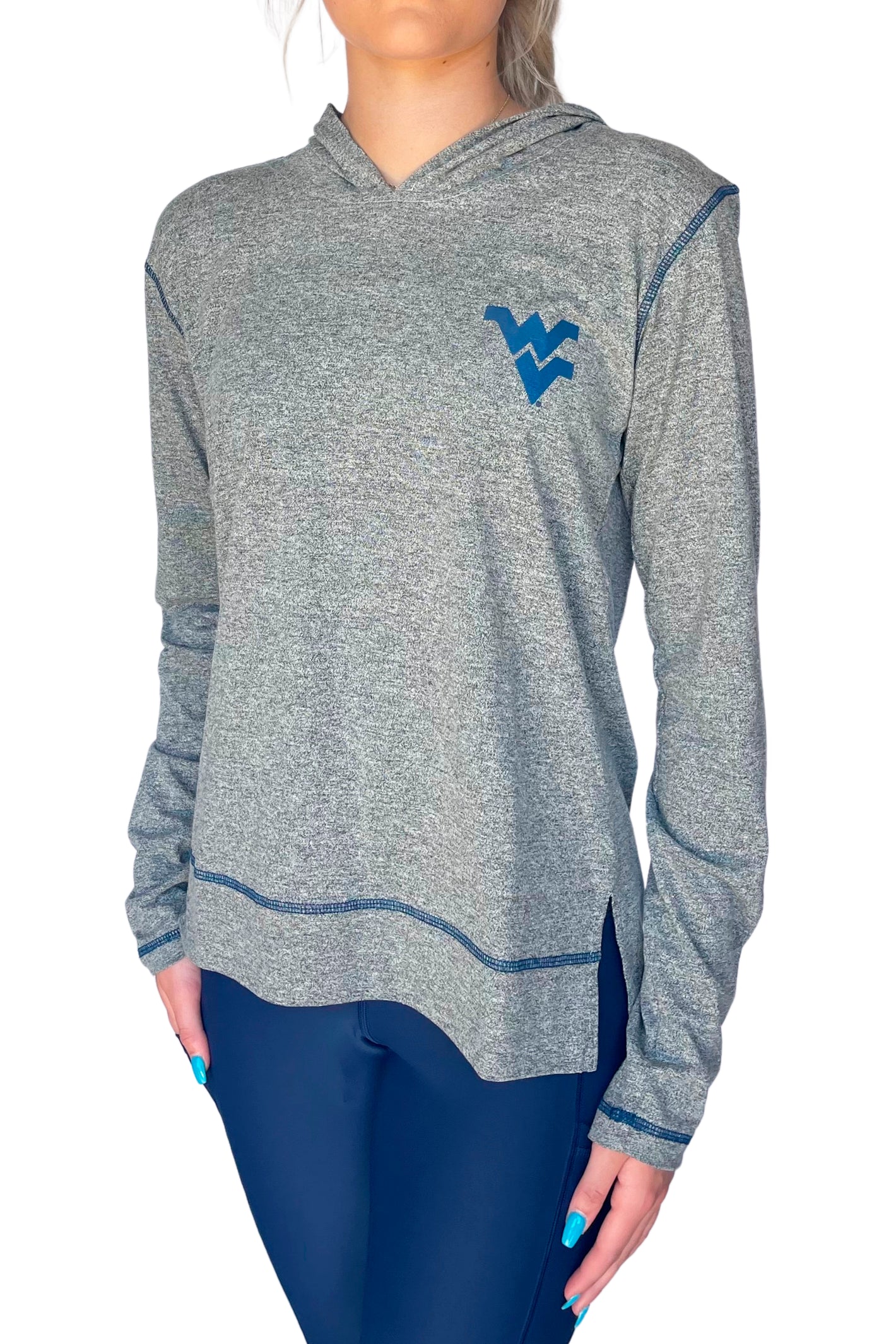 916 - West Virginia University Lightweight Hoodie Heather Grey w/ Navy Stitch