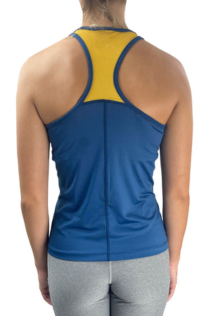 922 -West Virginia University Meshback Racer Tank Navy/Yellow Back