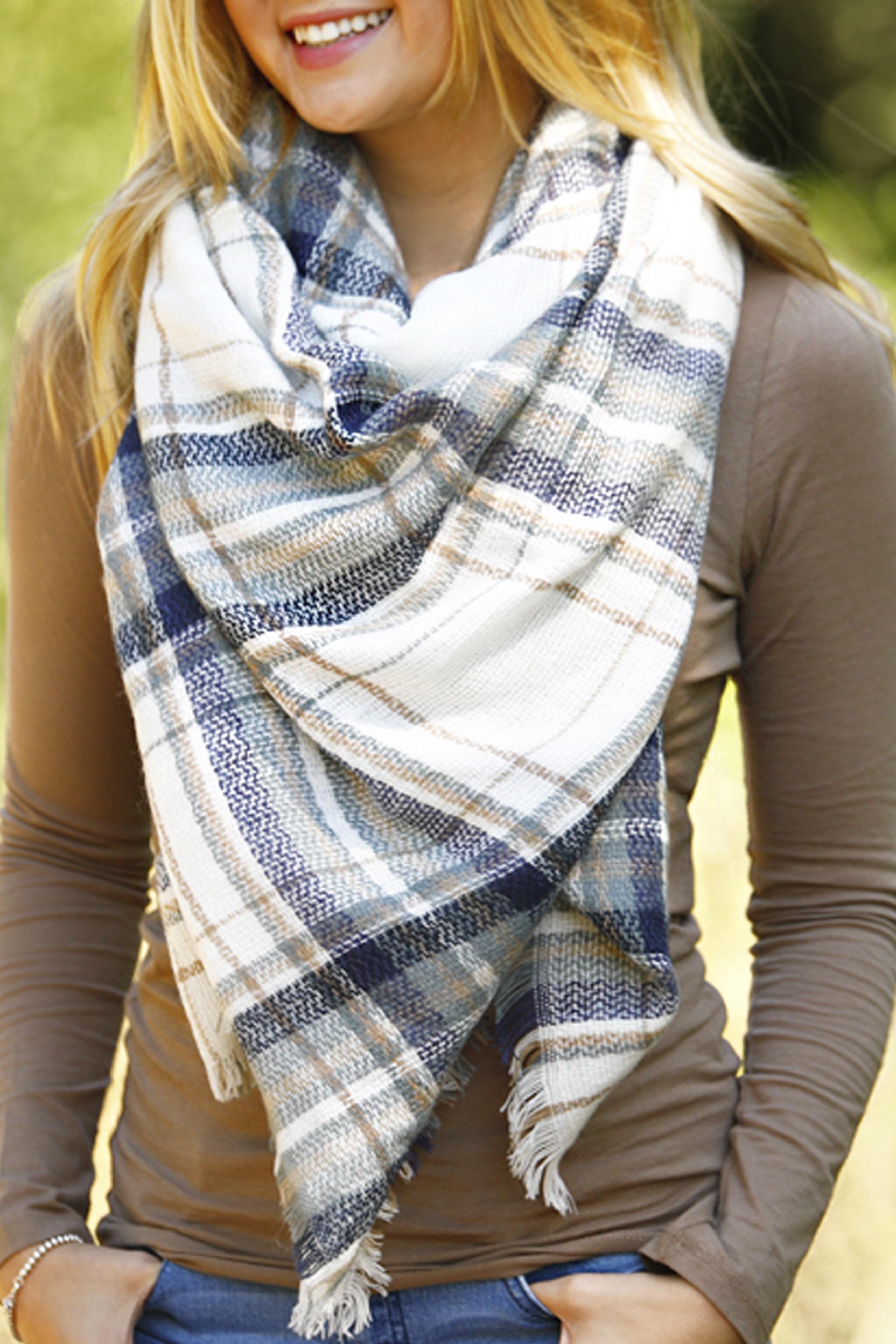 Blue Plaid White Plaid Blanket Scarf Blue, Black, And White Luxe